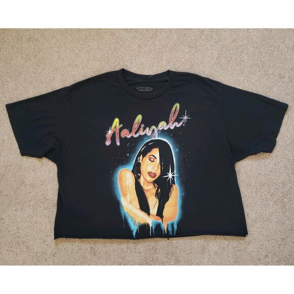 Aalijah Graffiti Black Print Short Sleeve Cotton Cropped T-shirt Size XL - Picture 2 of 6